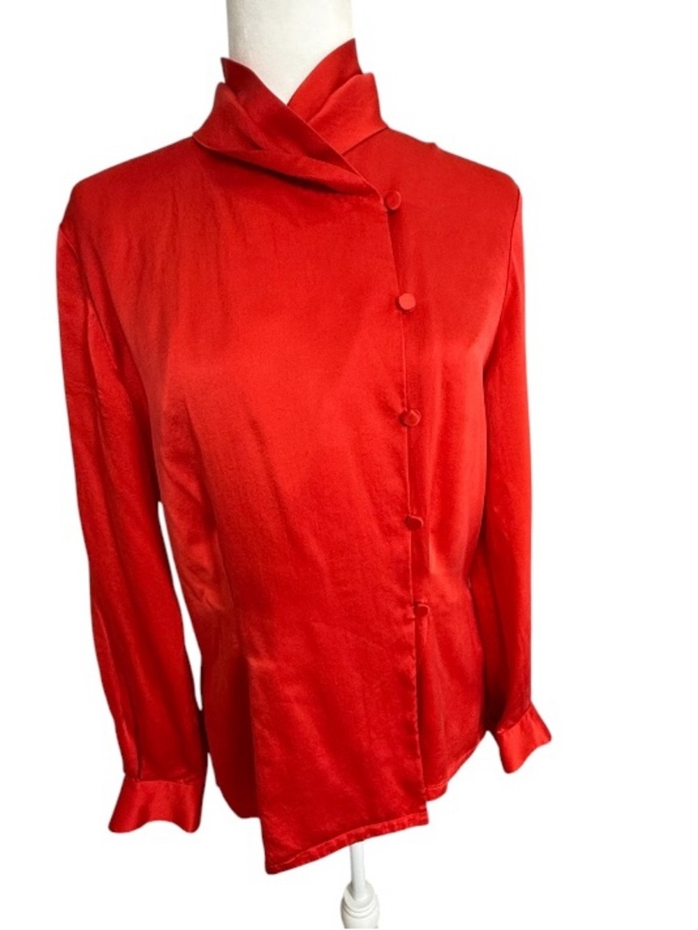 Dana Buchman Vintage 100% Silk Red Wrap Blouse Size 6 Mandarin Collar Chic Top